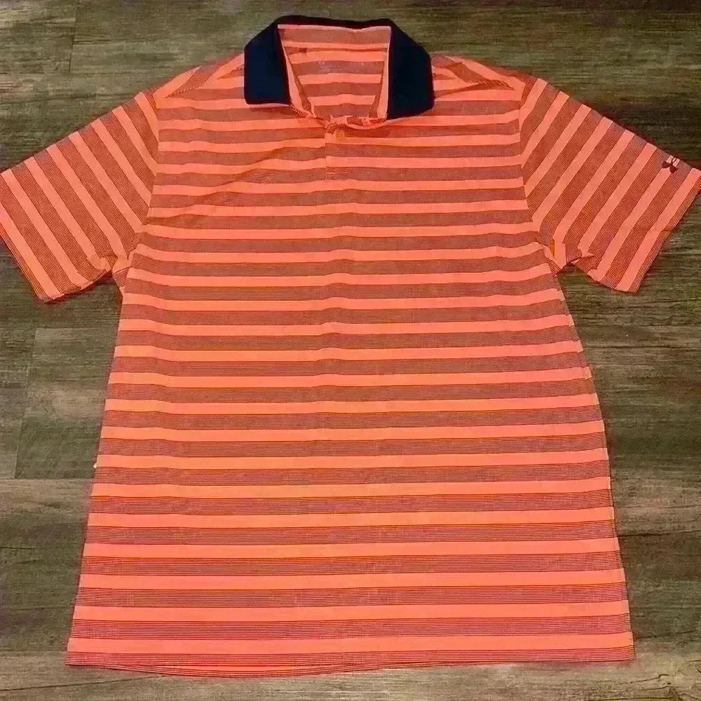 Under Armor Men's Navy Coral Striped Polyester Short Sleeve‎ Polo Shirt L